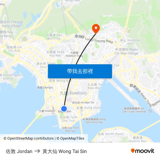 佐敦 Jordan to 黃大仙 Wong Tai Sin map