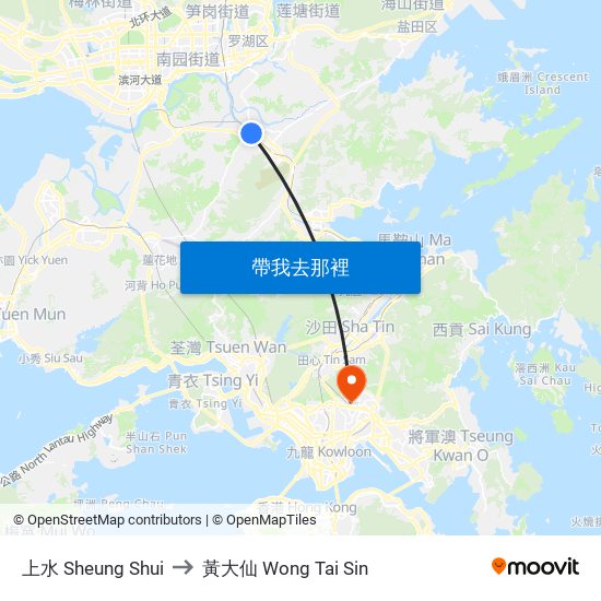上水 Sheung Shui to 黃大仙 Wong Tai Sin map