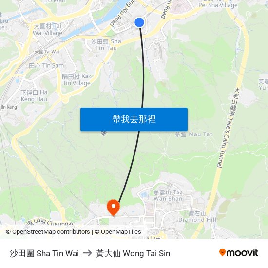 沙田圍 Sha Tin Wai to 黃大仙 Wong Tai Sin map