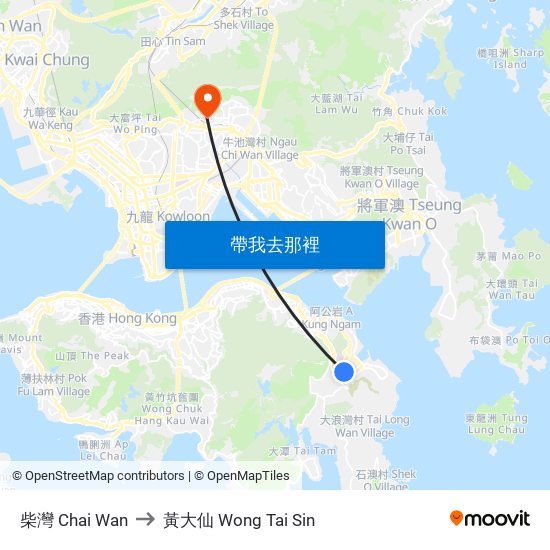 柴灣 Chai Wan to 黃大仙 Wong Tai Sin map