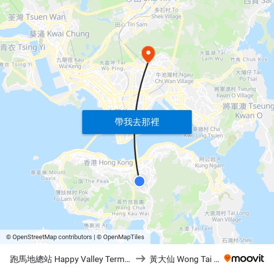 跑馬地總站 Happy Valley Terminus to 黃大仙 Wong Tai Sin map