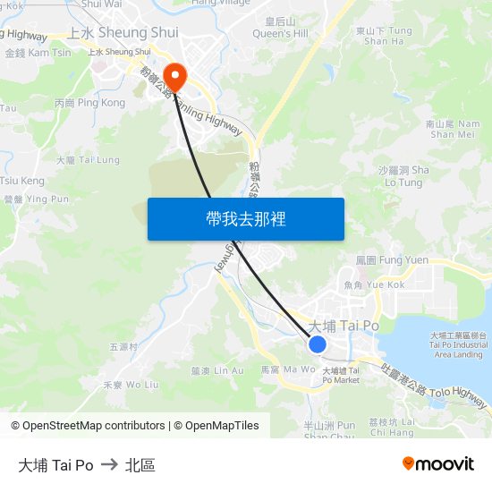 大埔 Tai Po to 北區 map