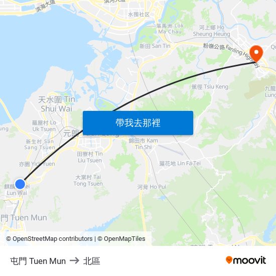 屯門 Tuen Mun to 北區 map