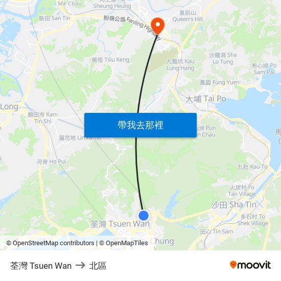 荃灣 Tsuen Wan to 北區 map