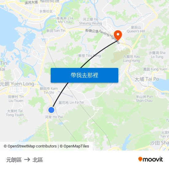 元朗區 to 北區 map