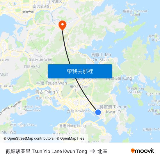 觀塘駿業里 Tsun Yip Lane Kwun Tong to 北區 map