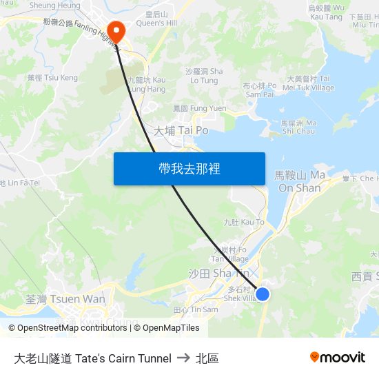 大老山隧道 Tate's Cairn Tunnel to 北區 map