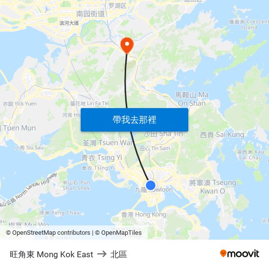 旺角東 Mong Kok East to 北區 map