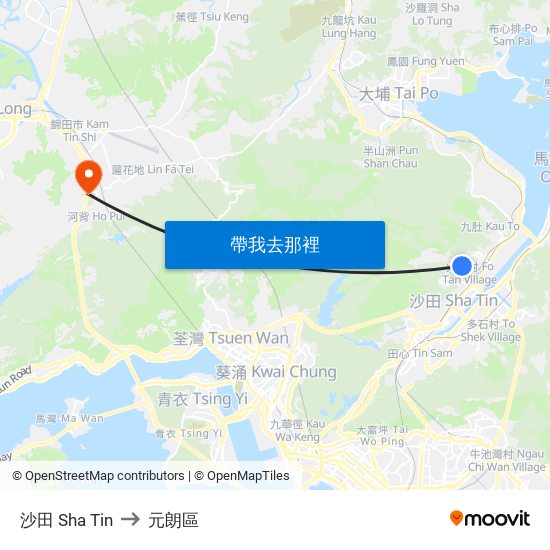 沙田 Sha Tin to 元朗區 map