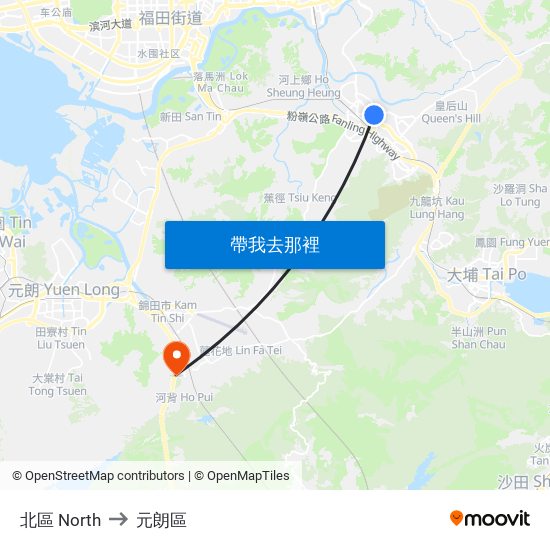 北區 North to 元朗區 map