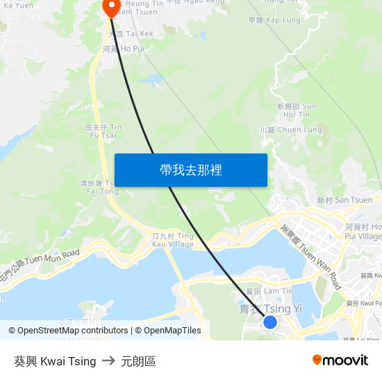 葵興 Kwai Tsing to 元朗區 map