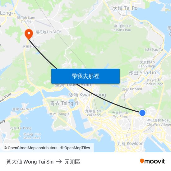 黃大仙 Wong Tai Sin to 元朗區 map