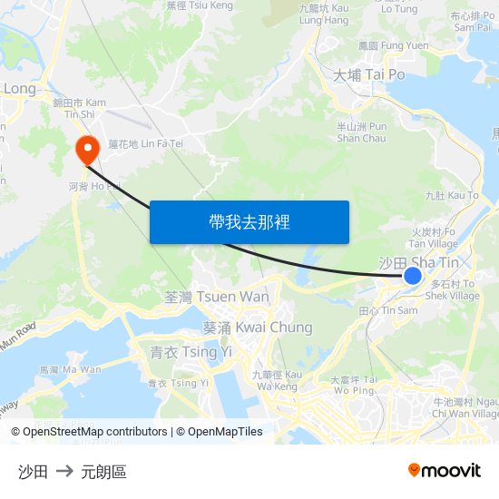 沙田 to 元朗區 map