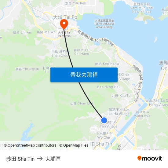 沙田 Sha Tin to 大埔區 map