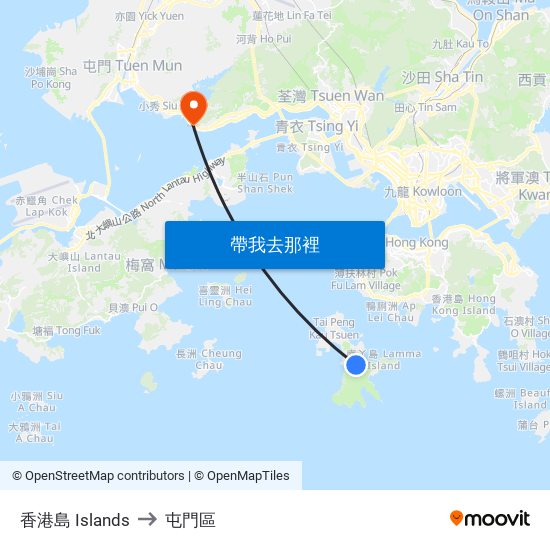 香港島 Islands to 屯門區 map