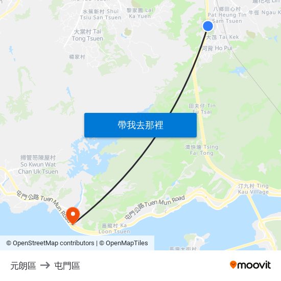 元朗區 to 屯門區 map