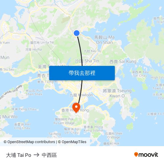 大埔 Tai Po to 中西區 map