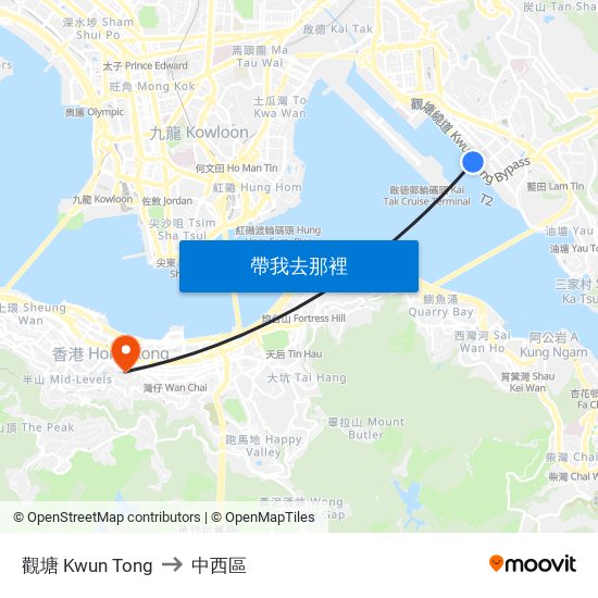 觀塘 Kwun Tong to 中西區 map