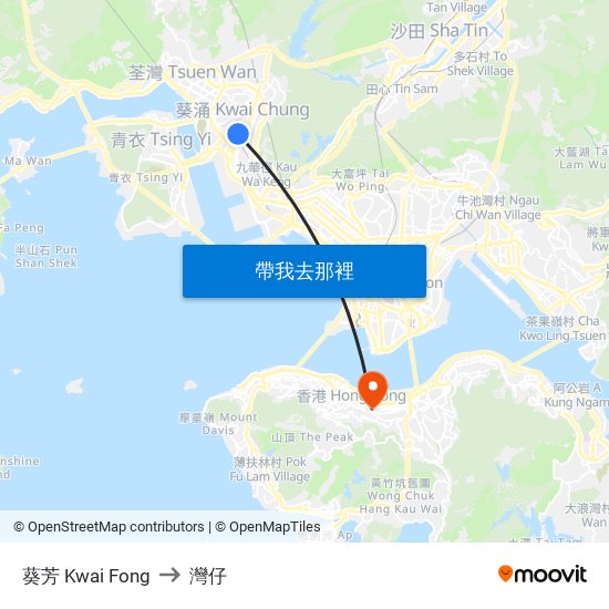 葵芳 Kwai Fong to 灣仔 map