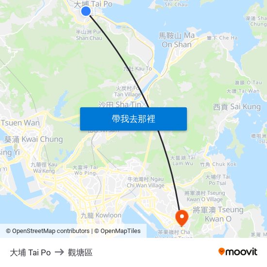 大埔 Tai Po to 觀塘區 map