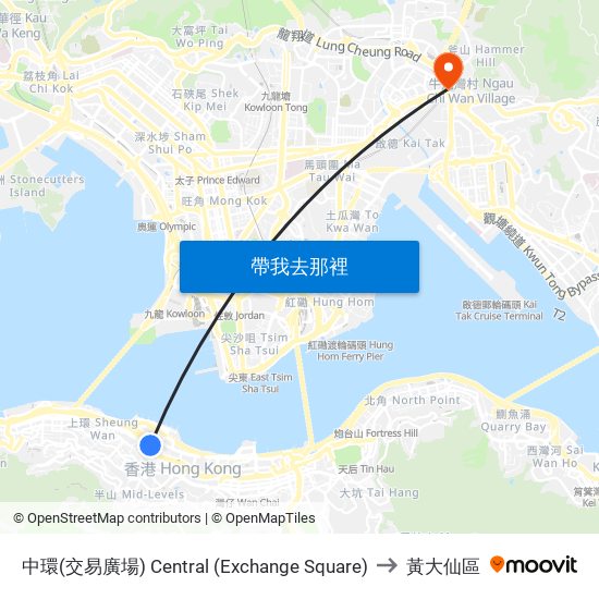 中環(交易廣場) Central (Exchange Square) to 黃大仙區 map