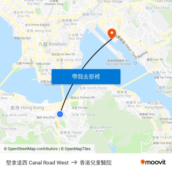 堅拿道西 Canal Road West to 香港兒童醫院 map