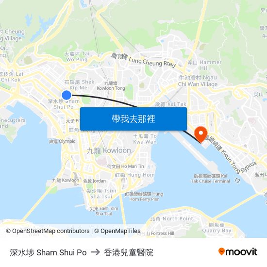 深水埗 Sham Shui Po to 香港兒童醫院 map