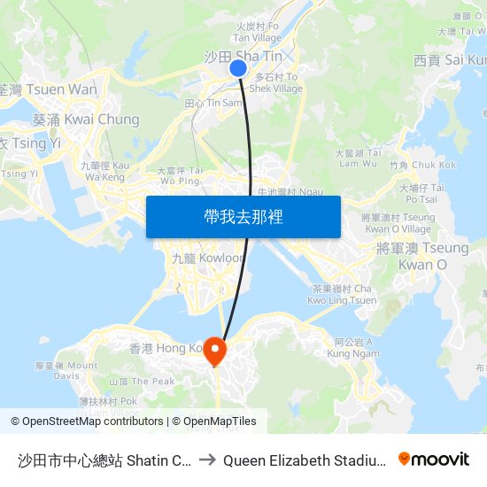 沙田市中心總站 Shatin Central Bus Terminus to Queen Elizabeth Stadium (伊利沙伯體育館) map