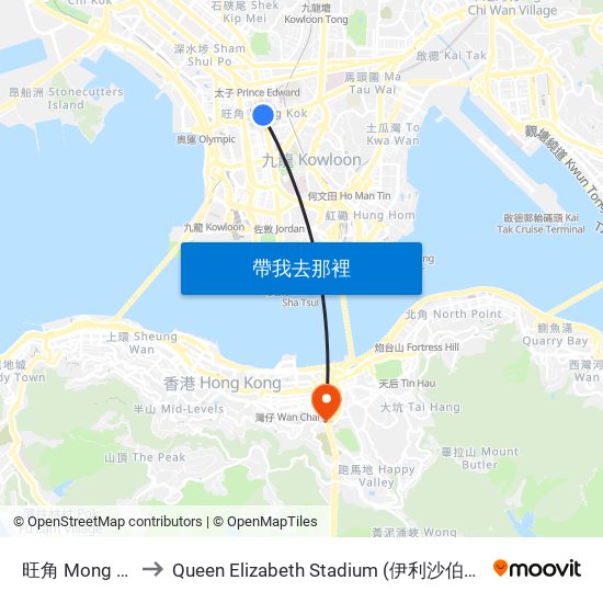 旺角 Mong Kok to Queen Elizabeth Stadium (伊利沙伯體育館) map