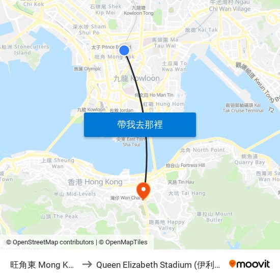 旺角東 Mong Kok East to Queen Elizabeth Stadium (伊利沙伯體育館) map