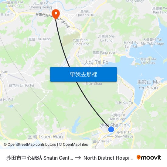 沙田市中心總站 Shatin Central Bus Terminus to North District Hospital (北區醫院) map