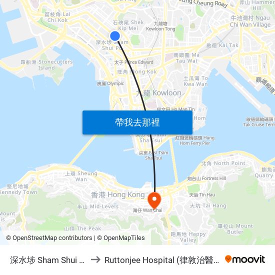 深水埗 Sham Shui Po to Ruttonjee Hospital (律敦治醫院) map