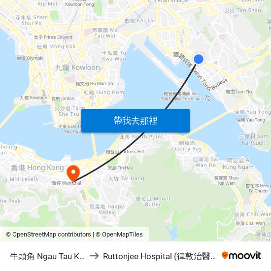牛頭角 Ngau Tau Kok to Ruttonjee Hospital (律敦治醫院) map
