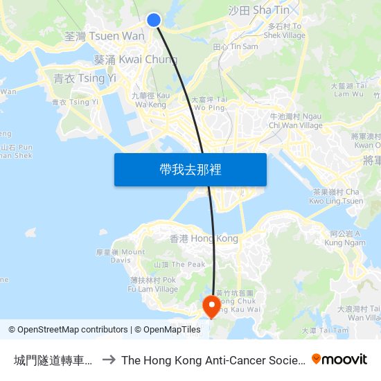 城門隧道轉車站 Shing Mun Tunnels Bus Interchange to The Hong Kong Anti-Cancer Society Jockey Club Cancer Rehabilitation Centre(JCCRC) (香港防癌會賽馬會康復中心) map