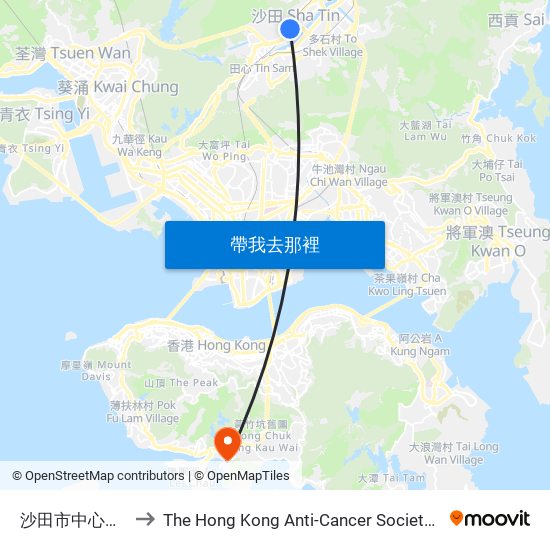 沙田市中心總站 Shatin Central Bus Terminus to The Hong Kong Anti-Cancer Society Jockey Club Cancer Rehabilitation Centre(JCCRC) (香港防癌會賽馬會康復中心) map