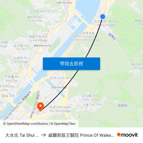 大水坑 Tai Shui Hang to 威爾斯親王醫院 Prince Of Wales Hospital map