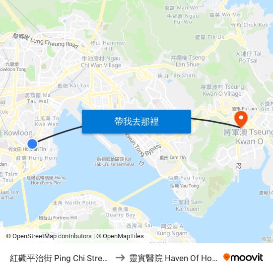 紅磡平治街 Ping Chi Street Hung Hom to 靈實醫院 Haven Of Hope Hospital map