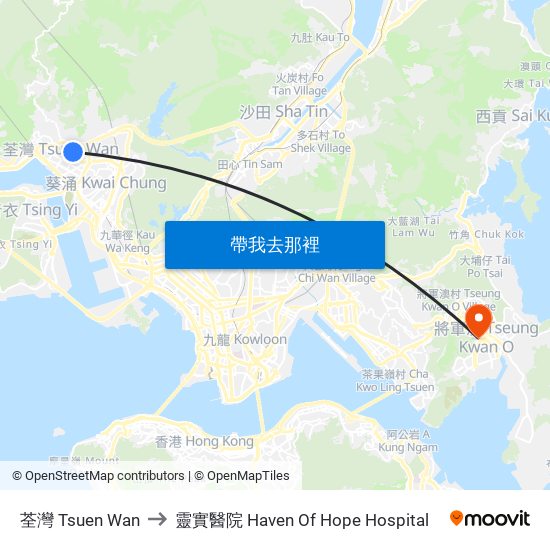 荃灣 Tsuen Wan to 靈實醫院 Haven Of Hope Hospital map