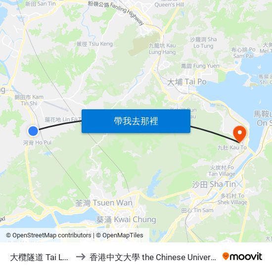大欖隧道 Tai Lam Tunnel to 香港中文大學 the Chinese University Of Hong Kong map