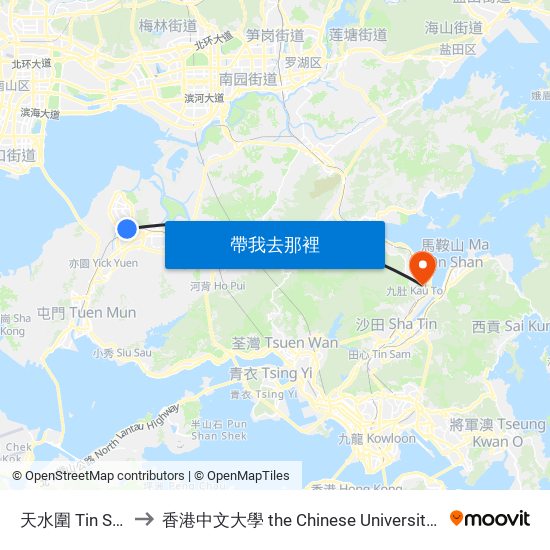 天水圍 Tin Shui Wai to 香港中文大學 the Chinese University Of Hong Kong map