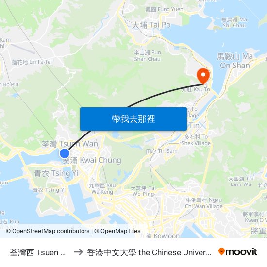 荃灣西 Tsuen Wan West to 香港中文大學 the Chinese University Of Hong Kong map