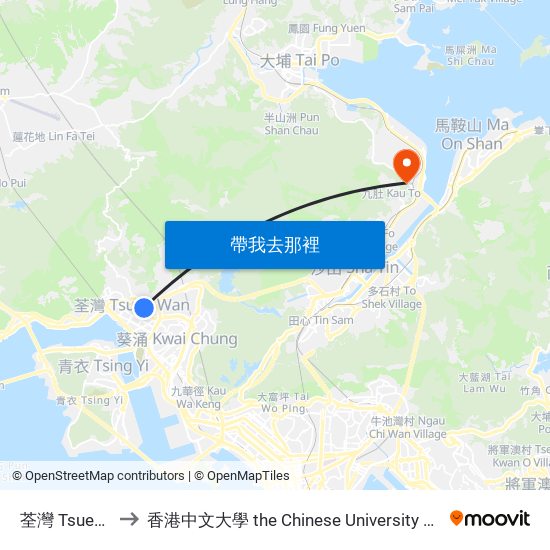 荃灣 Tsuen Wan to 香港中文大學 the Chinese University Of Hong Kong map