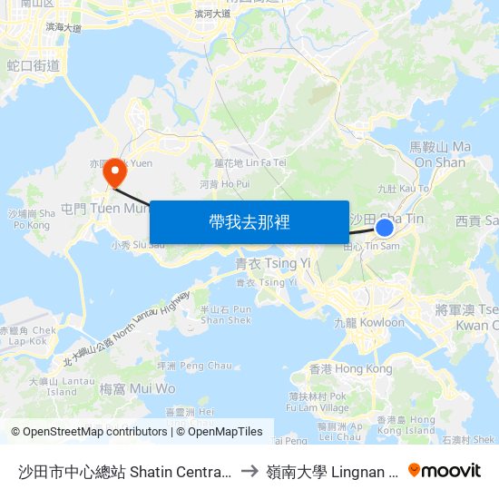 沙田市中心總站 Shatin Central Bus Terminus to 嶺南大學 Lingnan University map