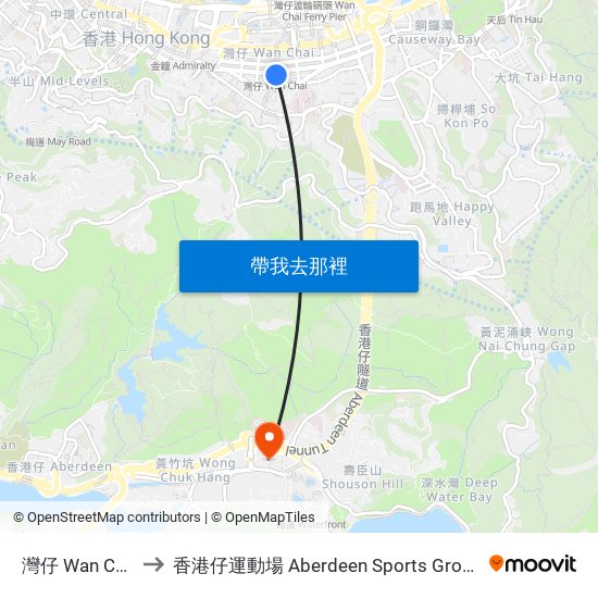 灣仔 Wan Chai to 香港仔運動場 Aberdeen Sports Ground map
