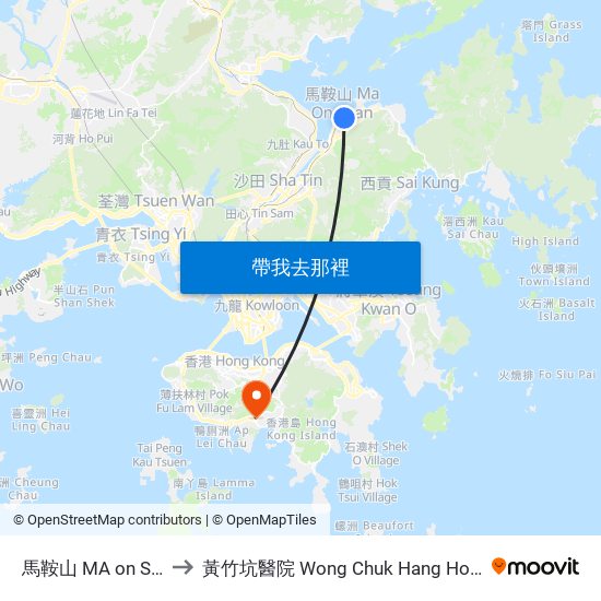 馬鞍山 MA on Shan to 黃竹坑醫院 Wong Chuk Hang Hospital map