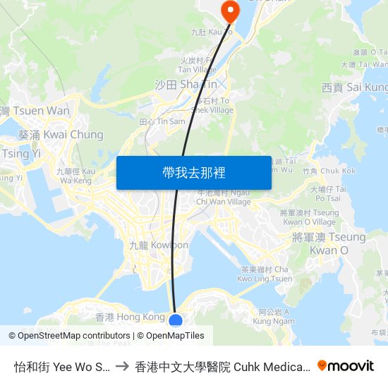 怡和街 Yee Wo Street to 香港中文大學醫院 Cuhk Medical Centre map