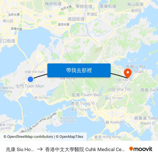 兆康 Siu Hong to 香港中文大學醫院 Cuhk Medical Centre map
