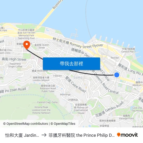 怡和大廈 Jardine House to 菲臘牙科醫院 the Prince Philip Dental Hospital map