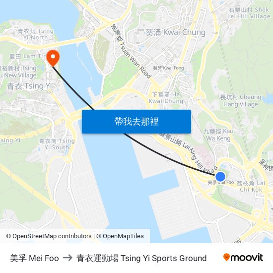 美孚 Mei Foo to 青衣運動場 Tsing Yi Sports Ground map