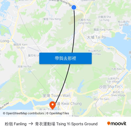 粉嶺 Fanling to 青衣運動場 Tsing Yi Sports Ground map